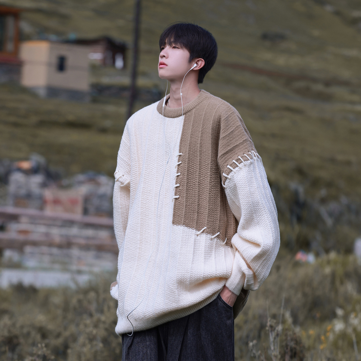 Design Niqi Pullover Patchwork Contrast Color Sweater For Boys Autumn And Winter