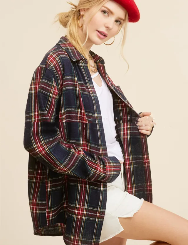 Spring And Autumn Women's Fashion Polo Collar Pocket Single breasted Plaid Shirt Black - Shop at LoveMi