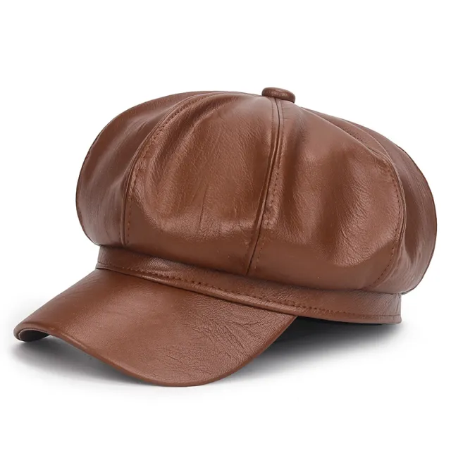 Autumn Winter Retro Beret Women Pu Leather Solid Color Brown - Shop at LoveMi