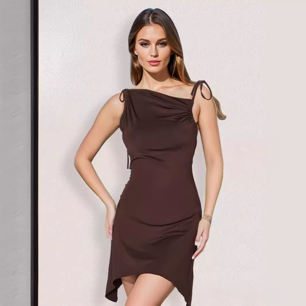 Irregularly Pleated Strap Cross-Neckline Dress