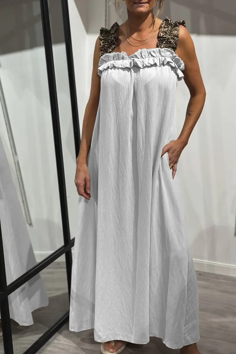 Women's Casual Sling Stitching Leopard Print Pocket Cotton Linen Dress White - Shop at LoveMi