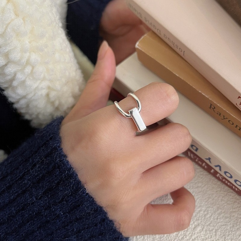 S925 Sterling Silver Geometric Line Square Ring For Women