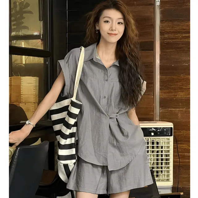 Shirt Top Wide Leg Shorts Casual Two piece Suit Gray - Shop at LoveMi