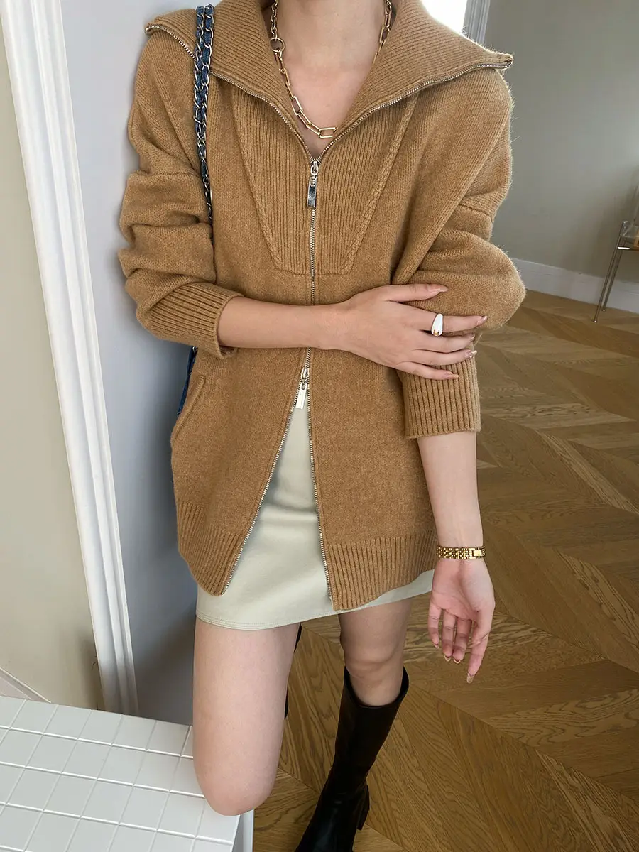 Women's Double Zipper Lazy Fashionable Oversized Loose Profile Lapel Knitted Cardigan Sweater