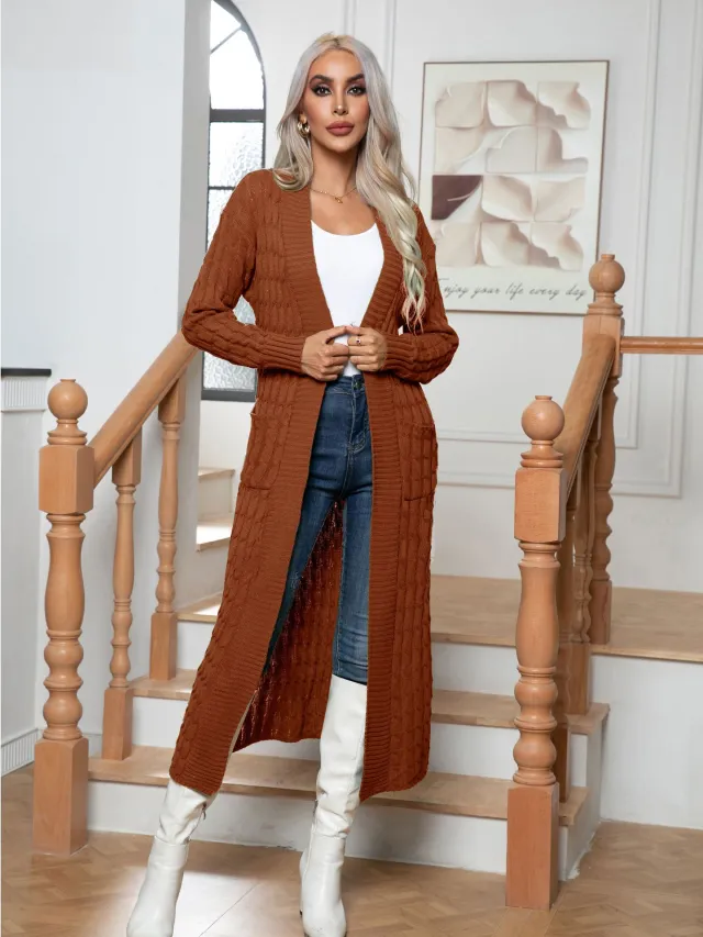 Women's Twist Pocket Long Knitted Cardigan Sweater Dark Brown - Shop at LoveMi