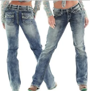 European And American Ladies Jeans Slim-fit Embroidery Slimming Jeans Trousers - Light Blue