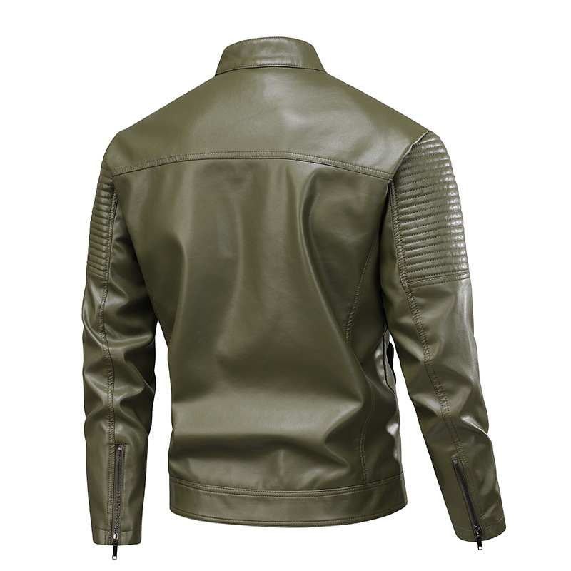 Mens Stand-Up Collar Leather Jacket Slim-Fit Leather Biker Coat For Men