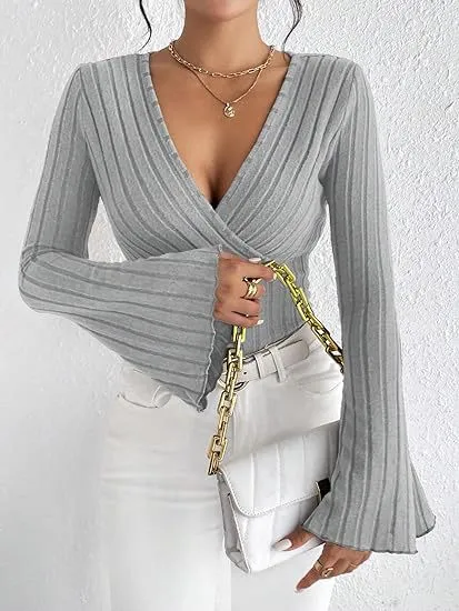 Women's Autumn And Winter Rib Sunken Stripe V neck Flared Slim fit Long Sleeve T shirt Elegant Women's Top Gray - Shop at LoveMi
