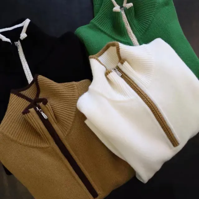 Stand Collar Zipper Loose Multicolor Fashion Sweater Women Camel - Shop at LoveMi