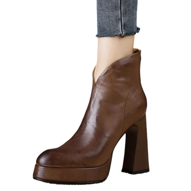 Retro Brown Chunky Heels Round Head Temperament Back Zipper Platform Booties Brown - Shop at LoveMi