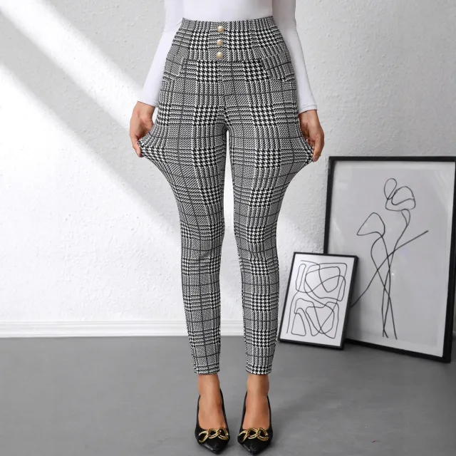 Women's Check Print Button Embellished High waist Slim fit Knit Pants Black And Gray - Shop at LoveMi