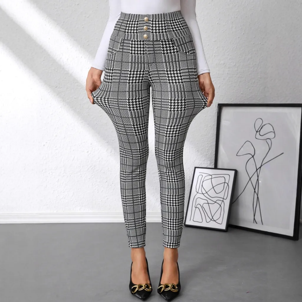 Women's Check Print Button Embellished High-waist Slim-fit Knit Pants - Black And Grey