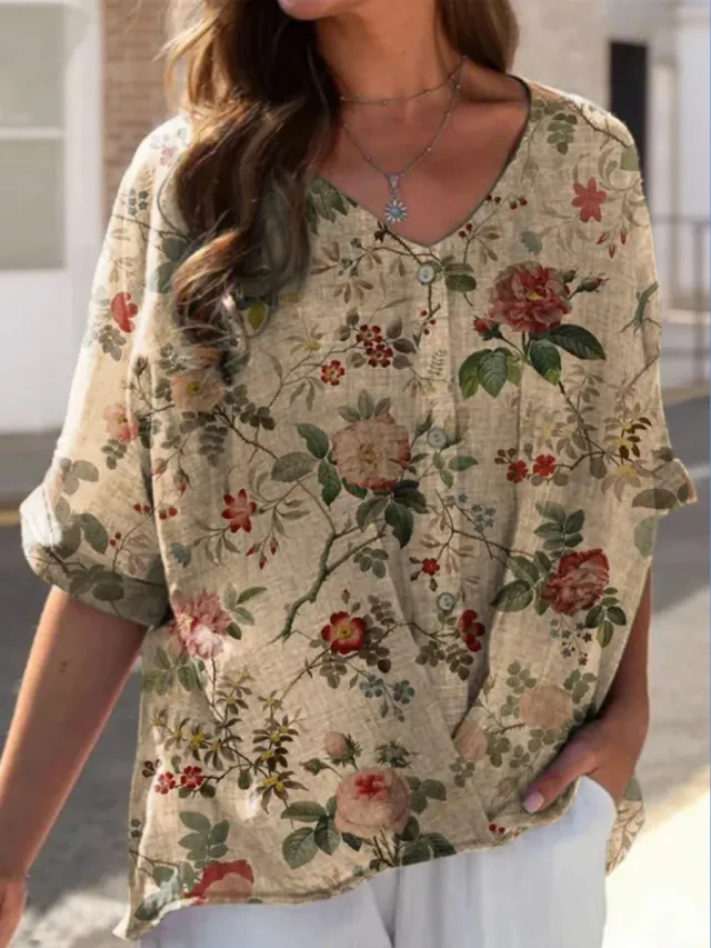 Printed V neck 5 Points Drop shoulder Sleeve Cotton And Linen Loose Casual Shirt Peony L - Shop at LoveMi