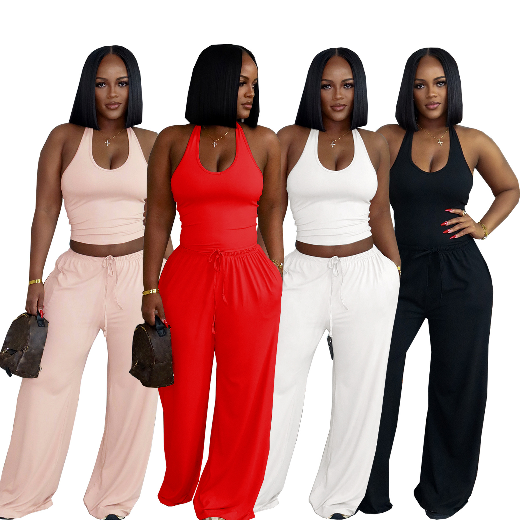 European And American Style Summer Solid Color Casual Halter Top And High-Waist... 2