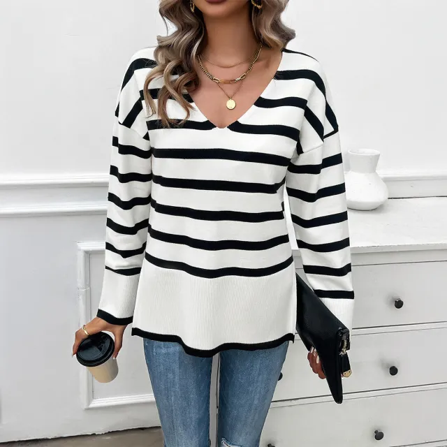 Women's Loose Contrast Color V neck Long Sleeve Sweater White - Shop at LoveMi