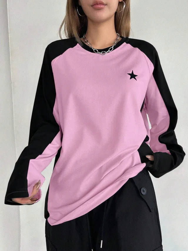 Round Neck Long Sleeve T shirt Loose Casual Multicolor Raglan Top Black - Shop at LoveMi