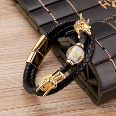 Fashion Double Layer Woven Leather String Bracelet - Gold C - View 1