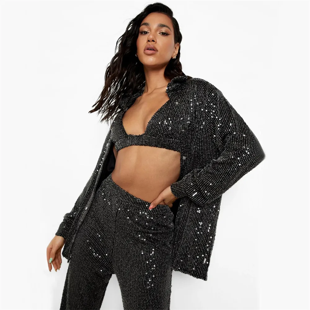 Sequined Long-sleeved Shirt Women's V-neck Vest Straight-leg Pants Three-piece Set - Black Suit