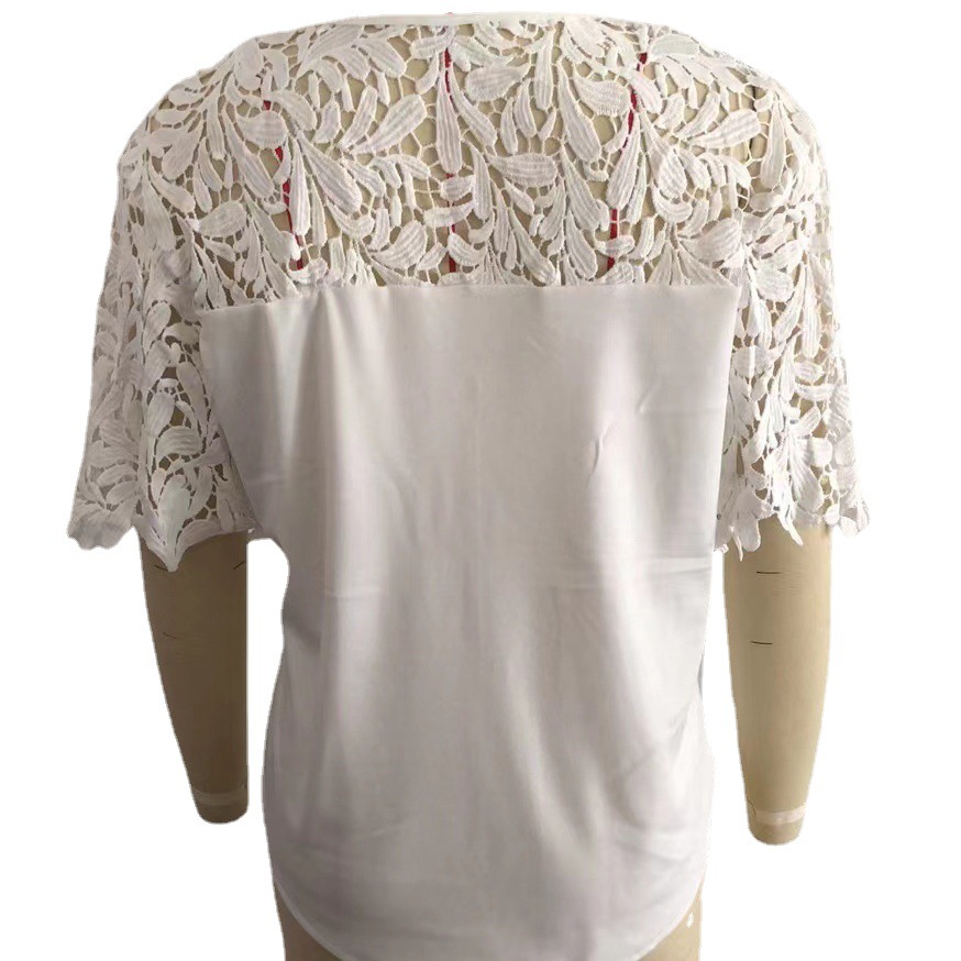 V-Neck Commuter Sexy Lace Hollow-Out Solid Color Three-Quarter Sleeve Chiffon Blouse