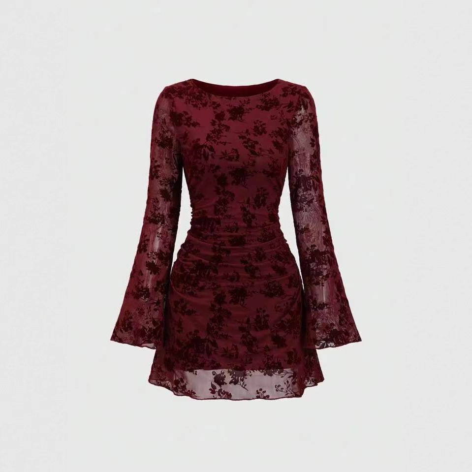 Spice Girl Mesh Flocked Crew Neck Flare-Sleeve Dress