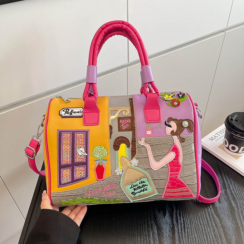 High-capacity Premium Boston Bag With Embroidered Patchwork Design