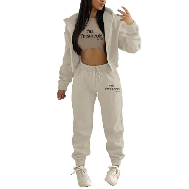 Women's Fashion Hooded Letter print Casual Suit Khaki - Shop at LoveMi
