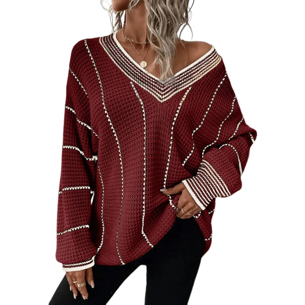 Autumn And Winter Knitted V-neck Striped Sweater - Wine