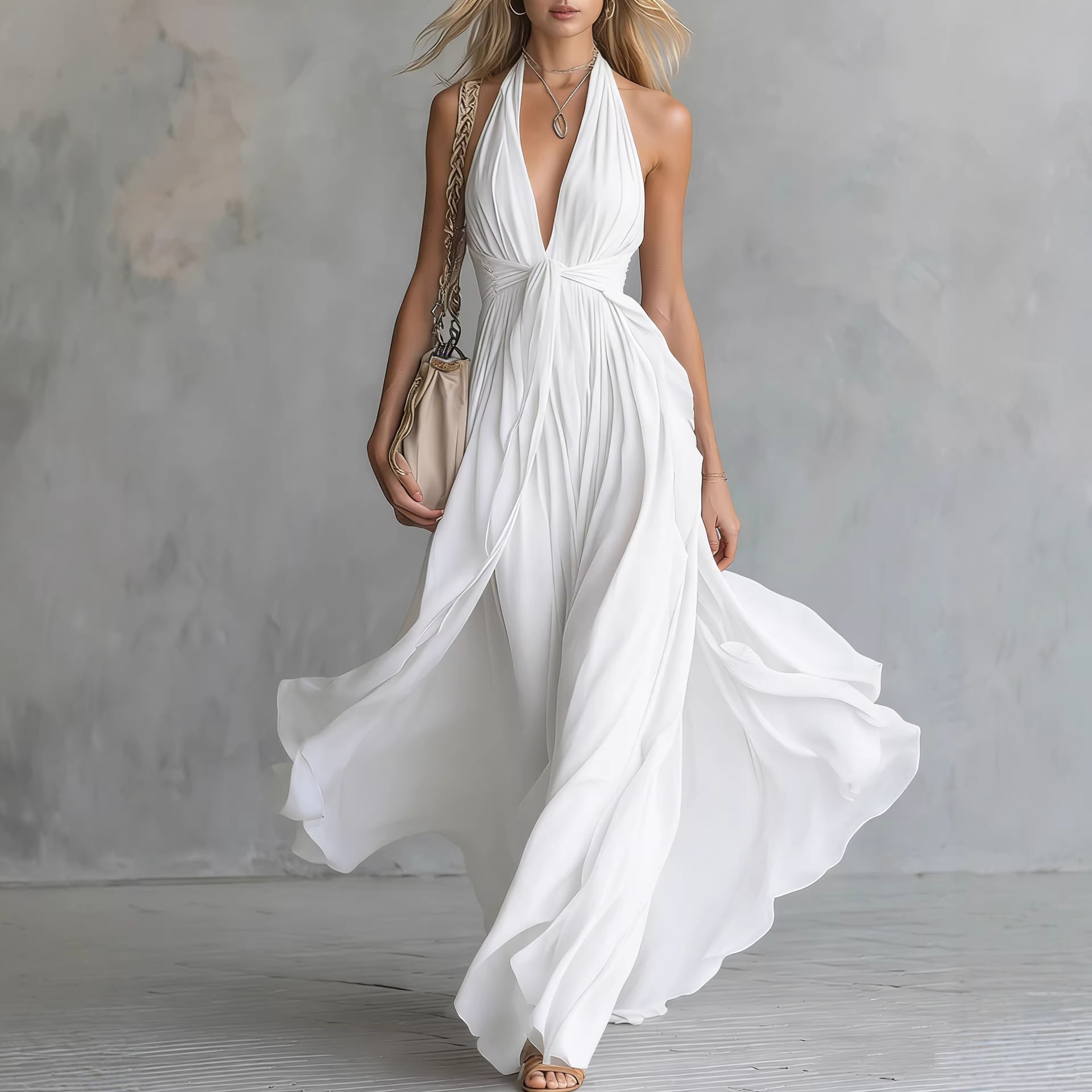 Solid-color V-neck Sleeveless Waist-cinching Dress