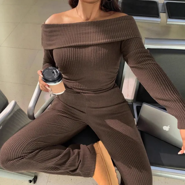Women's Casual Ribbed Knit Off shoulder Top Brown - Shop at LoveMi