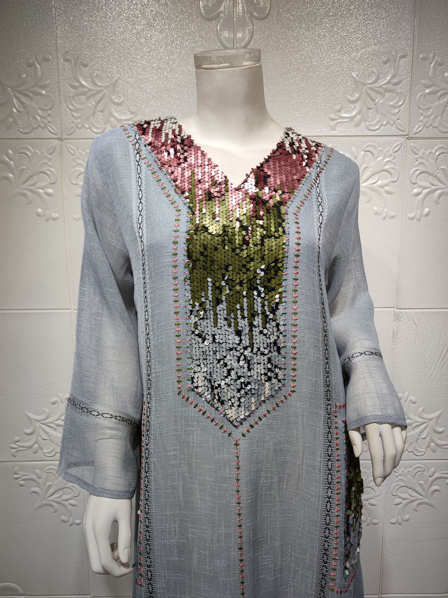 Sequin Embroidered V-Neck Long Dress, picture 3 of 12