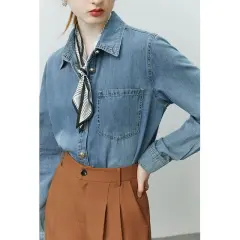 Blue Soft Denim Shirt Jacket Women's Long Sleeve Bandage Dress Top - Denim Blue - View 1