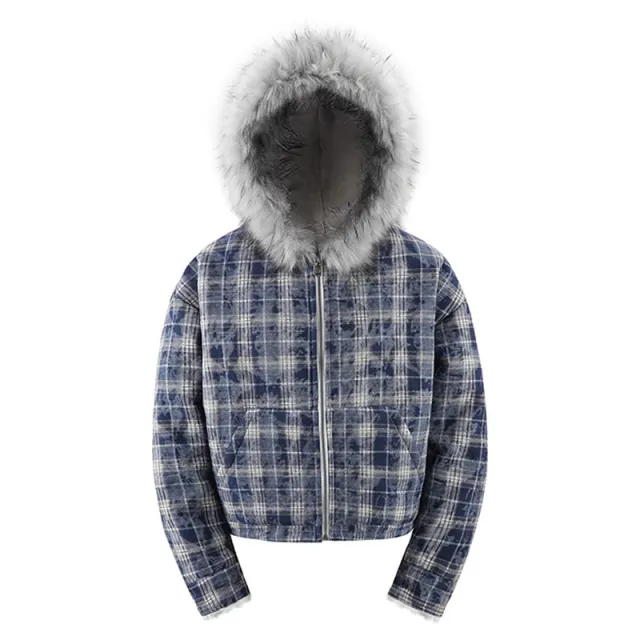 Trend Street Casual Plush Plaid Collar Zip up Long Sleeve Hooded Sweatshirt Blue - Shop at LoveMi