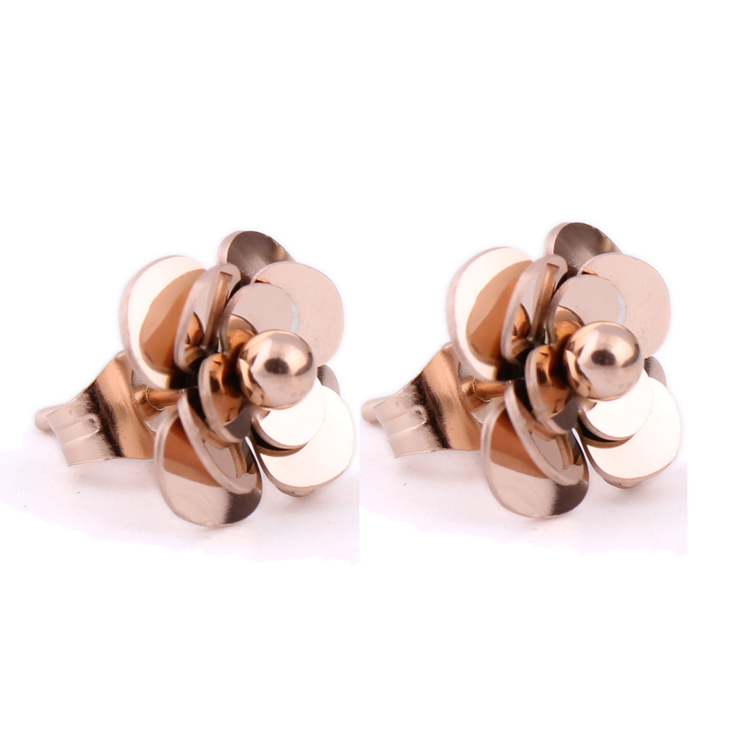 Elegant Fashionable And Sweet Camellia Rose Gold Stainless Steel Earrings