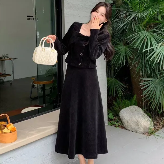Fashionable And Minimalist Top Paired With A Corduroy Skirt For Women Black - Shop at LoveMi