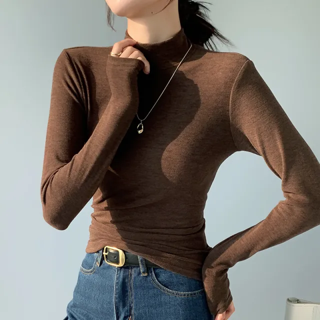 Half Turtleneck Bottoming Shirt Inner Wear Long Sleeve T shirt Top Coffee - Shop at LoveMi