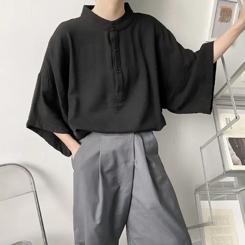 Mens Lightweight Japanese-Style Stand-Collar Short-Sleeve Shirt