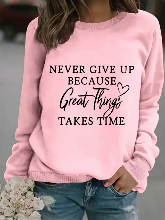 Casual Long Sleeve Round Neck Print Sweatshirt Pink - Shop at LoveMi