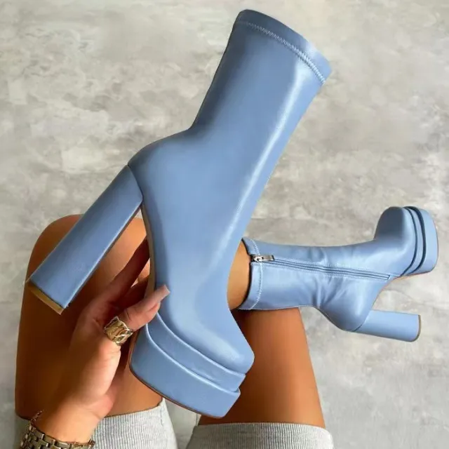 Double Waterproof Leather Super High Chunky Heel Short Women's Boots Square Toe Women's Boots Blue - Shop at LoveMi