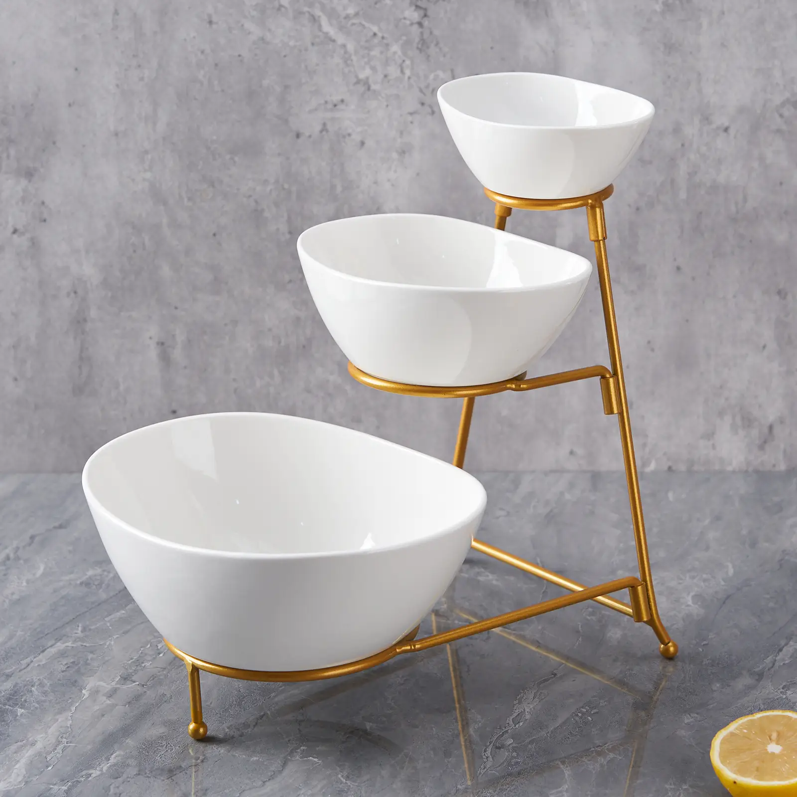 Light-luxury Ceramic Ingot-shaped Fruit Tray Three-tiered For Home And Office Use Gold-trimmed Fruit Bowl