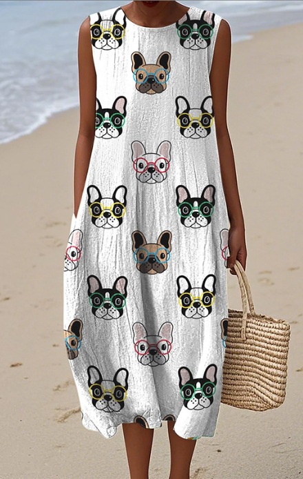 Pocketed Crew-neck Dress With Geometric And Floral Elements