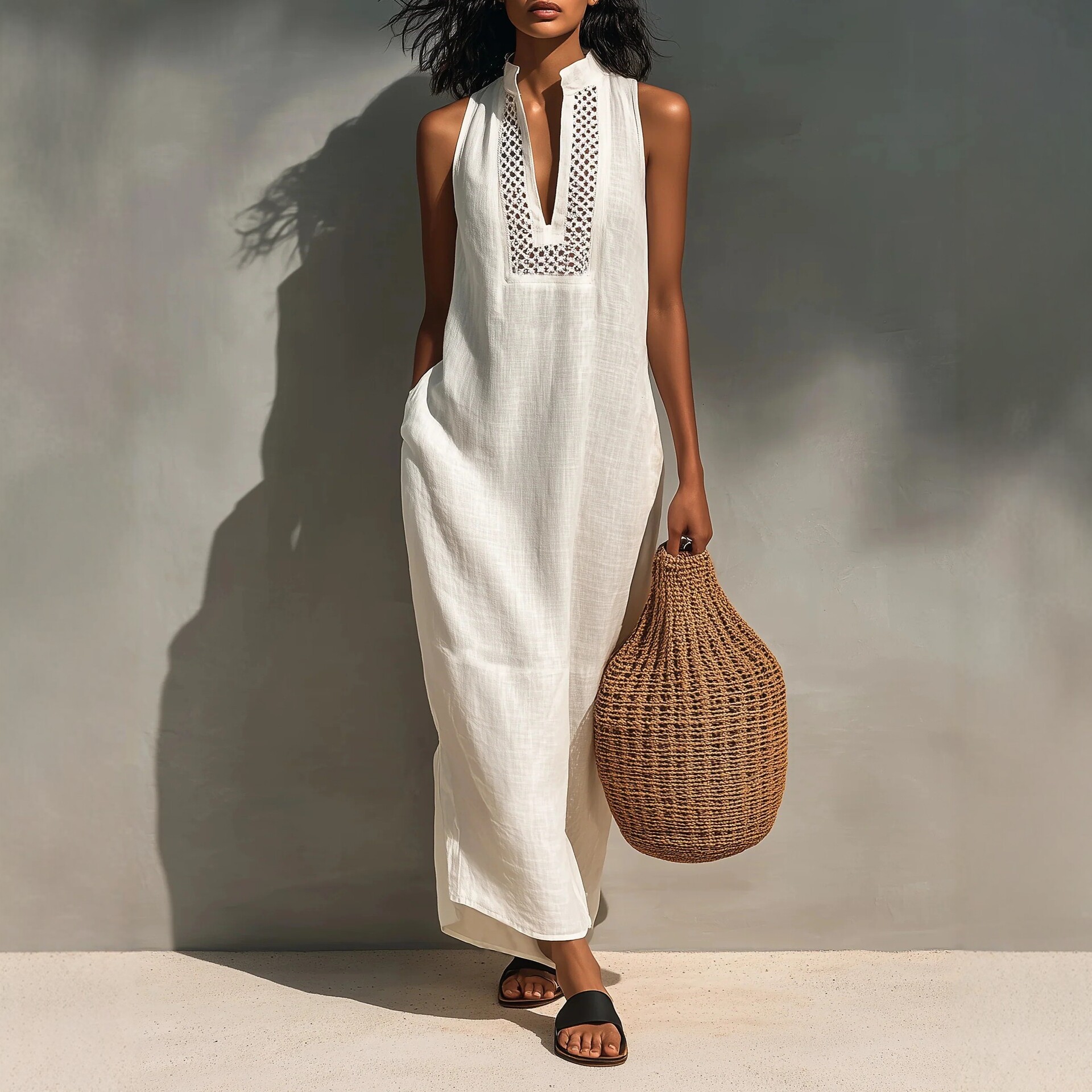 White Sleeveless Hollow-out V-Neck Long Loose Dress