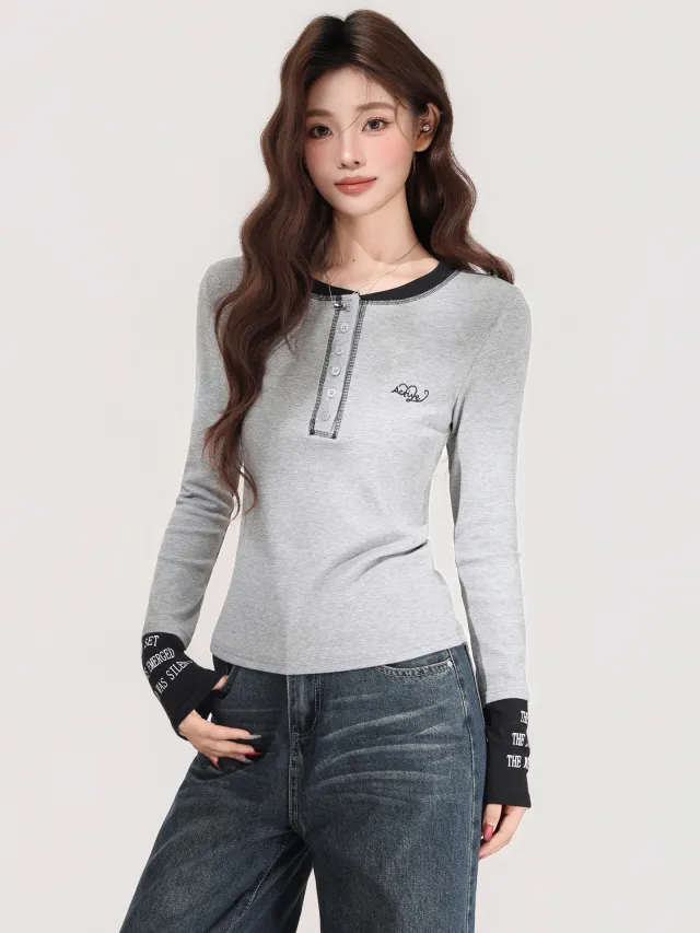 Color blocked Letter Embroidery Long Sleeve T shirt For Women Gray - Shop at LoveMi