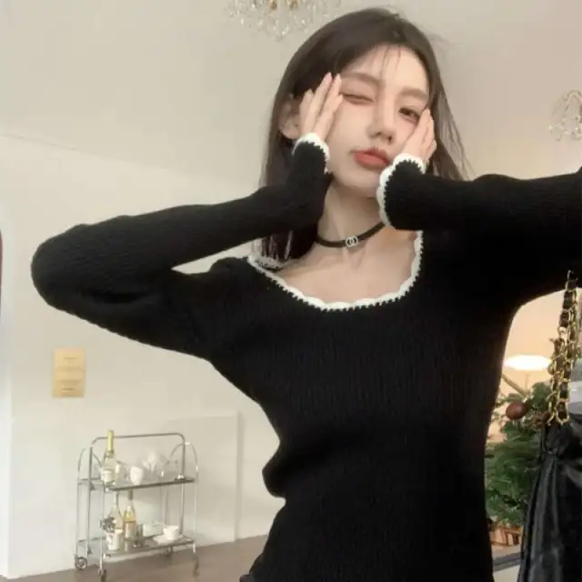 Retro Square Collar Stitching Long Sleeved Sweater Black - Shop at LoveMi