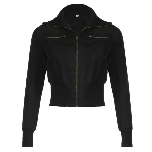American style Waist tight Slimming Zipper Cardigan Woven Turtleneck Solid Color Coat Black - Shop at LoveMi