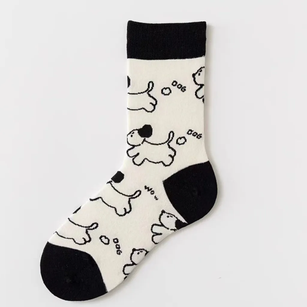 Women's Black And White Cartoon Mid-calf Length Loose Socks - Puppy Dog