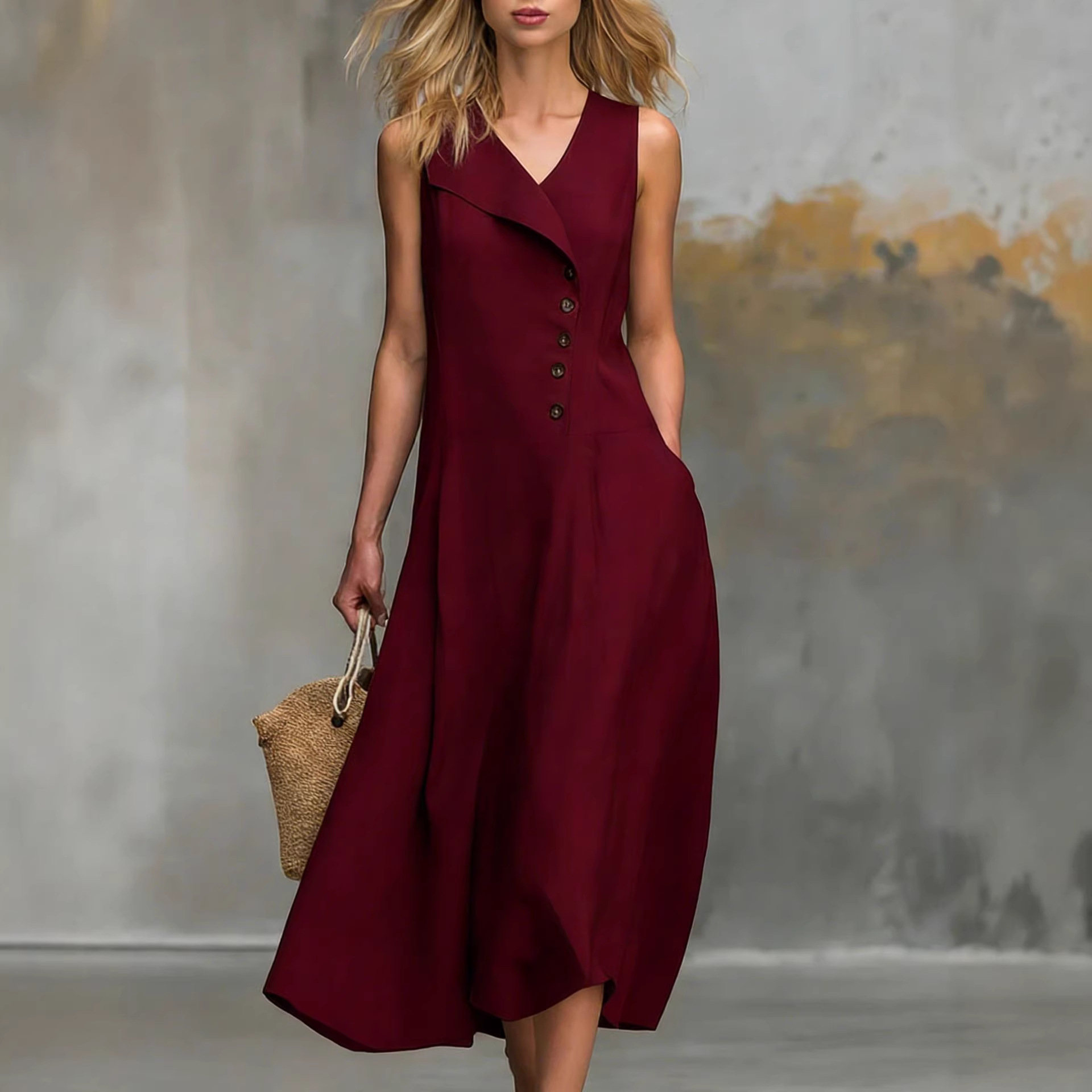 Solid-color Lapel-buttoned Sleeveless Womens Dress With A Fitted Hem - Image 1