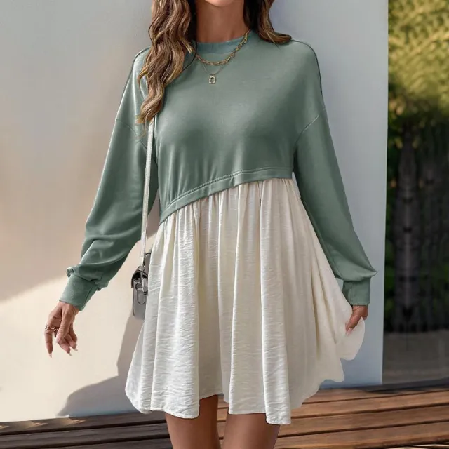 Personal Leisure Date Round Neck Long Sleeve Color Matching Loose Dress Green - Shop at LoveMi