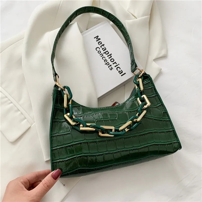 Fashion Stone Texture Shoulder Bag With Chain Women's Underarm Bag - Green