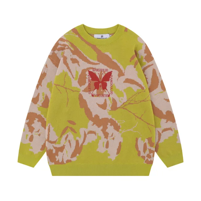 Full Printed Contrast Color Butterfly Loose Round Neck Sweater Yellow - Shop at LoveMi