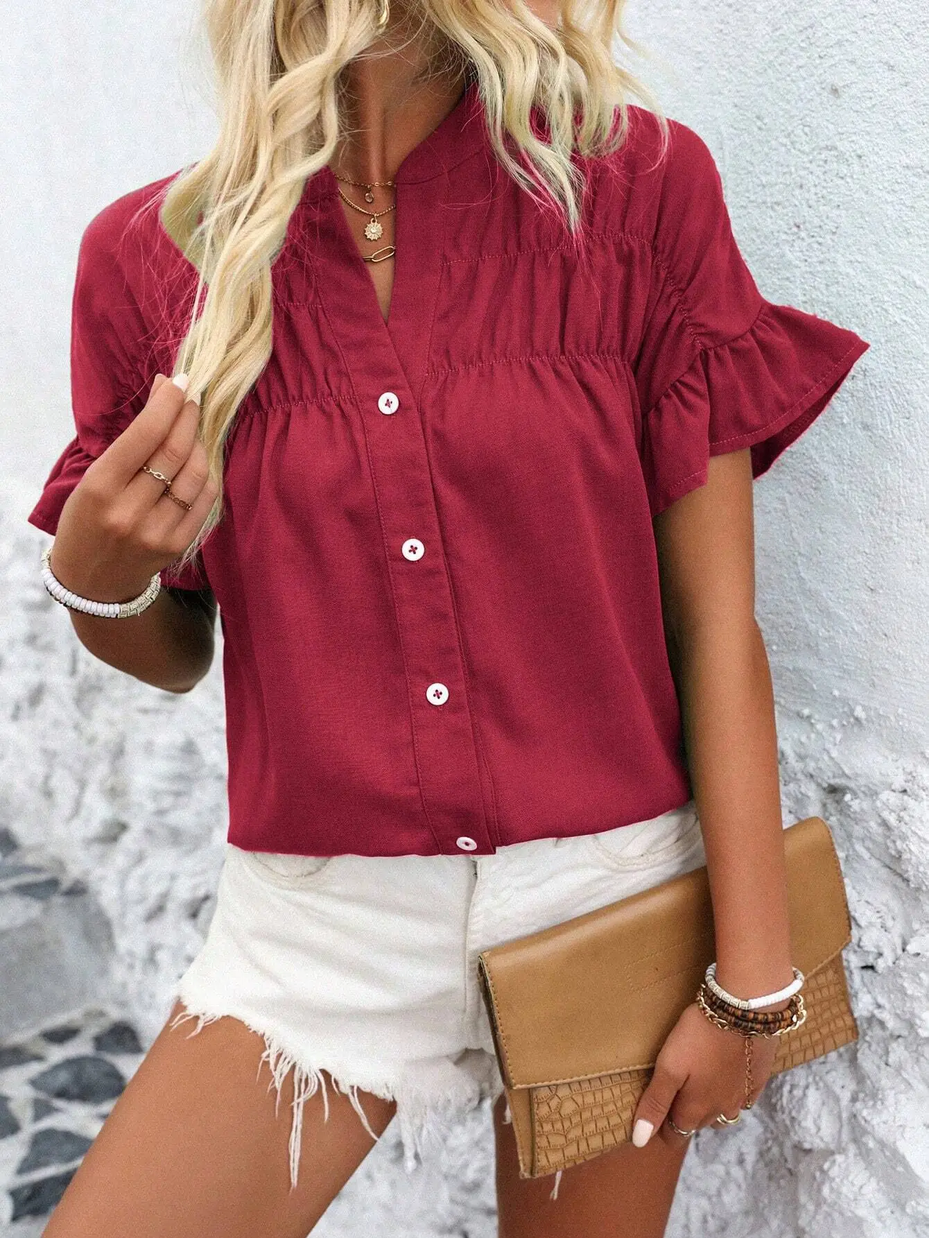 Womens Casual Short-Sleeve Pleated Solid-Color Cotton-Linen Shirt With Stand Collar